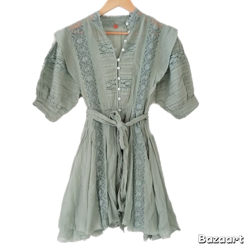 Free People Sydney Mint Green Mini Boho Dress Lace Button Front Balloon Sleeve M - Picture 2 of 10